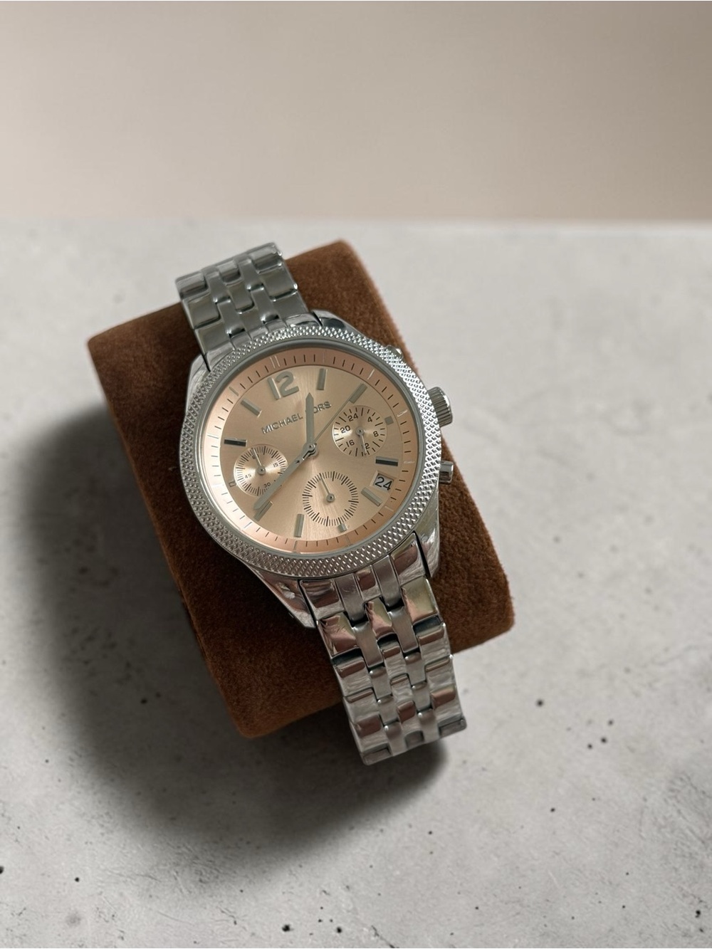 Michael Kors Silver Stainless Steel Watch with Rose Gold Dial